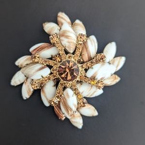 Vintage Brown & White Swirl Rhinestone Brooch Pin
